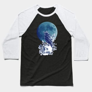 Blue raven and moon with skull and crow, skeleton eucaliptus leaves Baseball T-Shirt